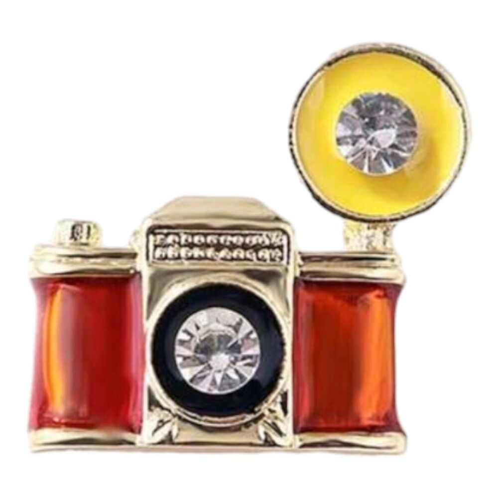 Retro Brooch Vtg Photo Camera Pin Flash Bulb Orange Enamel Rhinestone Gold Tone
